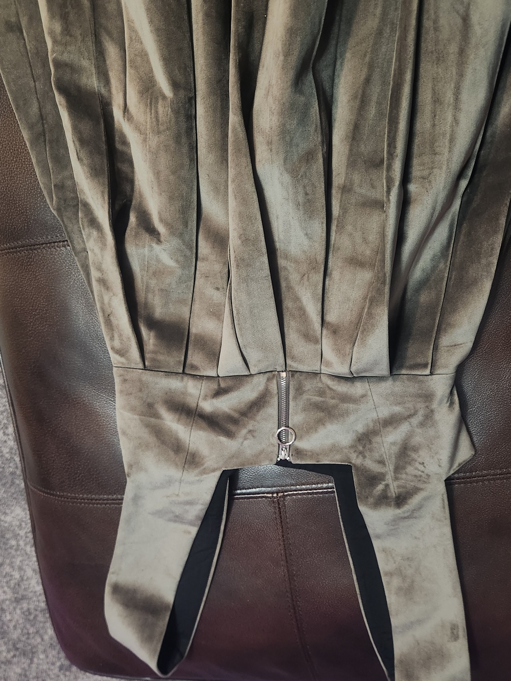 Olive Green Faux Suede Pleated Dress Ring Zipper Retro Goth Grunge XS (Sm)